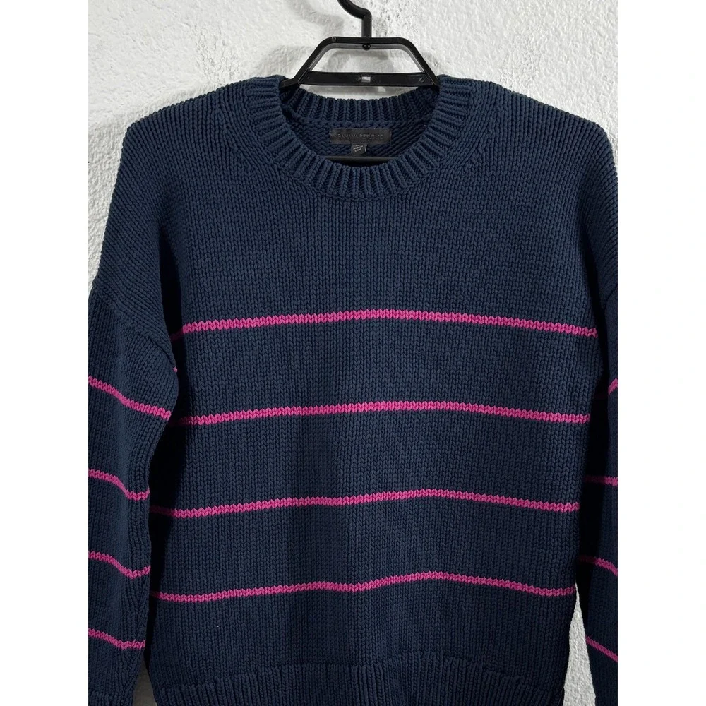 Banana Republic Sweater Mens‎ Medium Blue Fuchsia Striped Knit Crewneck Pullover
